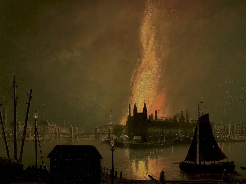 1835-Rein Miedema - Vista notturna di un incendio nella regione del Noordereiland